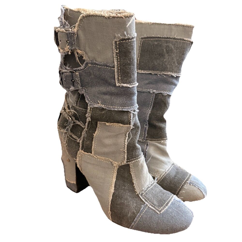 Laurence Dacade Denim Patchwork Boots Sz 38 US 7 Boho Hippie Southwest Western